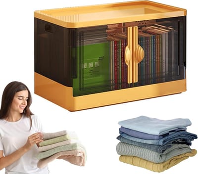 Opbergdoos Opvouwbaar - Opbergbox Stoffen - Huis Organiseren - Dubbele Deuren Transparant - 46 x 29 x 28 cm - Geel