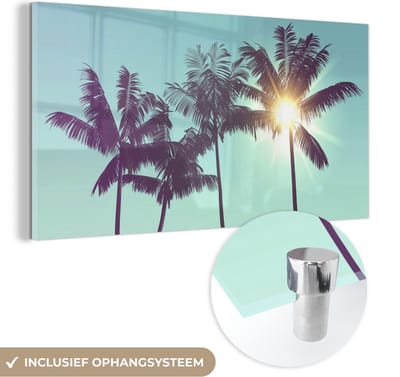 MuchoWow® Glasschilderij 40x20 cm - Schilderij acrylglas - Palmbomen - Zomer - Zon - Foto op glas - Schilderijen - Portret van de zomer