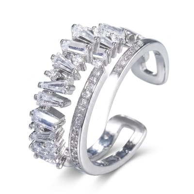 Zilverkleurige ring dames aanschuifring open ring dubbele laag baguette zirkonia steentjes minimalistische brede band verstelbare ring moderne sieraden