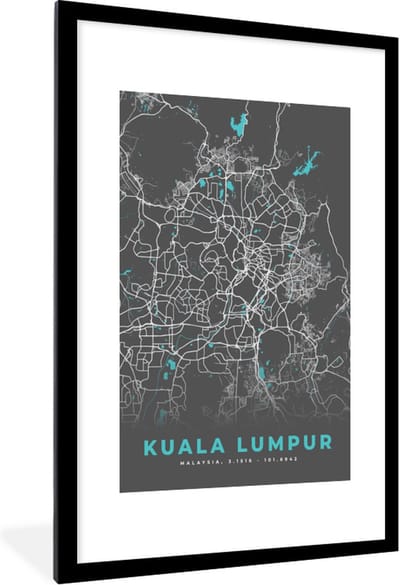 Fotolijst incl. Poster - Kuala Lumpur - Stadskaart - Plattegrond - Kaart - Blauw - 80x120 cm - Posterlijst