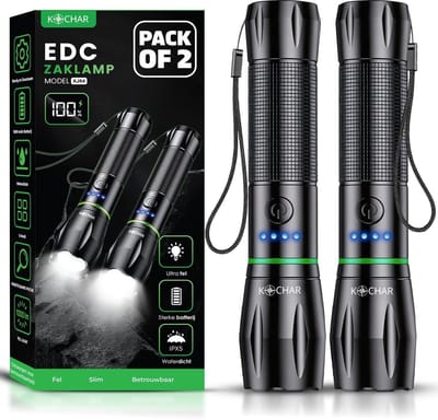 Kochar EDC Zaklamp LED oplaadbaar - Set van 2 - Militaire zaklamp - 800 Lumen - 5 standen - IPX5 Waterdicht - Zaklamp op batterijen - Zaklamp noodpakket
