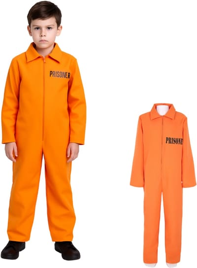 Joya Kids® Kinder Verkleedpak Gevangene Oranje | Amerikaanse prisoner jumpsuit | Halloween & Carnaval Verkleedkleding | Oranje Overall Jongens | Boevenpak | Maat S