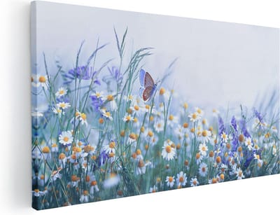 Artaza Canvas Schilderij Vlinder - 40x20 cm - Klein - Wanddecoratie Bloemen - Muurdecoratie Madeliefjes - Schilderijen Op Canvas Weiland