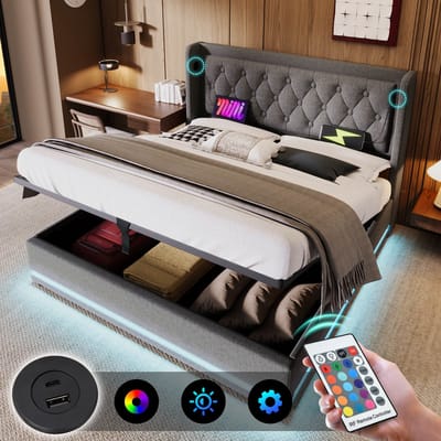 Gestoffeerd bed, tweepersoonsbed 180*200 cm, grijs katoen, hydraulisch opbergbed, gewatteerd hoofdeinde met USB Type-C oplaadfunctie, 3-zijdige LED-verlichting (exclusief matras)