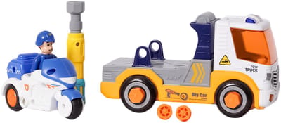 Speelgoedtopdeals - Demonteerbare Takelwagen met Politiemotor - Educatief Speelgoed – DIY met schroevendraaier