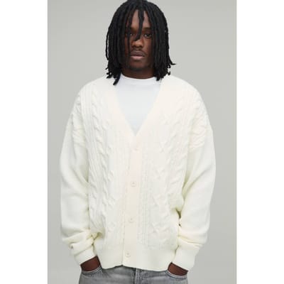 Tall Relaxed Fit Cable Knit Knitted Cardigan | Ecru | Size Large