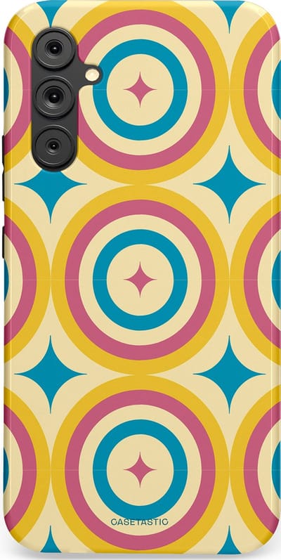 Casetastic hoesje geschikt voor Samsung Galaxy A34 (2023) 5G - Dubbellaagse bescherming - Swinging Retro Boogie Circles - Fashion Case - Crème Goud Lichtblauw Koraal