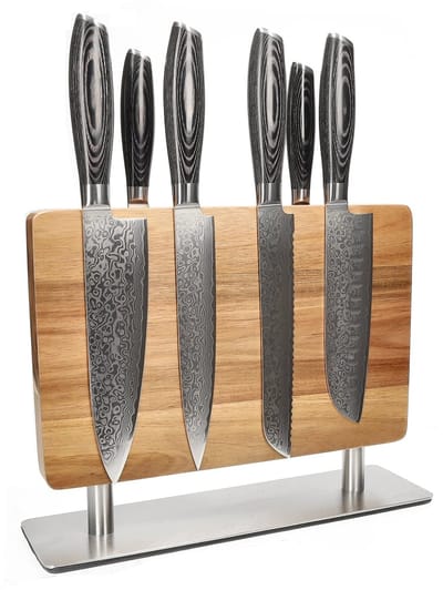 Shinrai Knives - Damast Pakka Wood 6-delige Messenset + Messenblok Stans - Vleesmes - Hakmes