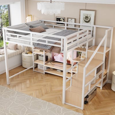 MODFU Hoogslaper 140x200 cm – 251x96x174 cm – Met tv-opstelling, stopcontact en opbergladder – Metaal – Wit – Voor tienerkamer