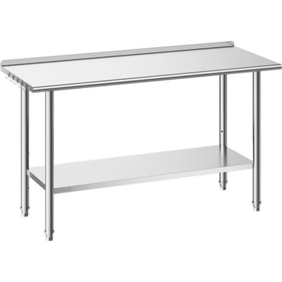 VEVOR Gasto werktafel 1524 x 610 x 894 mm, roestvrijstalen tafel met 2 niveaus, opstaande rand en in hoogte verstelbare schappen. Bovenste schap (254 kg), onderste schap (209 kg). Voorbereidingstafel voor restaurants.
