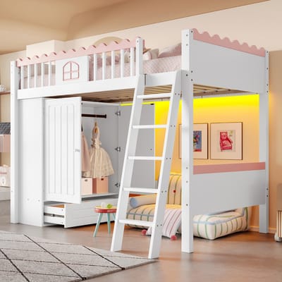 Sweiko Hoogslaper - 90x200 cm - met LED verlichting + kleerkast + laden - Grenen - zonder bureau - Wit+Roze