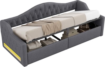 Gestoffeerd dagbed 90x200 - ledverlichting in 7 kleuren - opbergruimte - gevoerde linnen rugleuning - MDF en multiplex - slaapkamer of logeerkamer