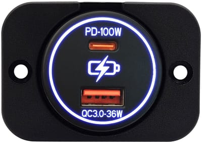 ProRide 12-24V USB/USB C Autolader 2 Poorten Inbouw - 100W+36W QC3.0 - Snellader - Enkelvoudig Paneel - Blauw
