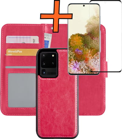 Hoes - 2 in 1 - Geschikt voor Samsung Galaxy S20 Ultra - Met Screenprotector - En Uitneembare Hard Cover - Bookcase - Wallet Case - Met Pasjeshouder - Book Case - Uitneembaar - Pashouder - Kunstleer - Donkerroze