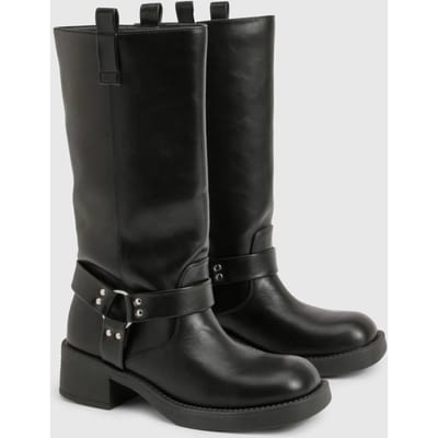 boohoo Dames D Ring Clean Calf Bikerlaarzen | Black | Maat: 3