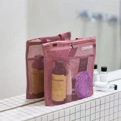 Sac de rangement de voyage en maille, sac de douche, sac de toilette de plage, sac à cosmétiques, sac à main, sac en maille, sac de rangement de toilette pour fournitures d'extérieur rose