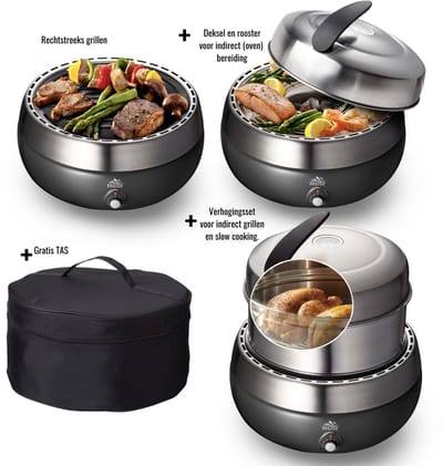 BBQ2GO met DEKSEL, VERHOGER en TAS voor Direct en Indirect grillen - Rookvrije Houtskool Tafelbarbecue - Rookvrij, snel opstarten, regelbare temperatuur met GRATIS opbergtas voor de bbq
