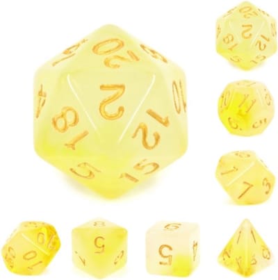 Polyset Dice | Polydice | Geel Wit Glitters Transparant en Goud | Dobbelstenen Set Van 7 Stuks| Voor D&D en Andere Rollenspellen | Plastic Dobbelstenen Set voor Dungeons and Dragons | Polyhedral Dice Set | DnD / D&D / Dungeons and Dragons | Dice Bag
