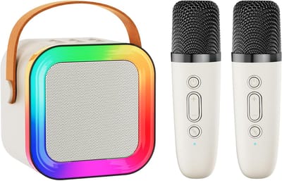 Mini-karaokemachine met luidspreker voor kinderen en volwassenen, draagbaar Bluetooth-apparaat met 2 draadloze microfoons, kerst- en verjaardagscadeaus, speelgoed voor meisjes en jongens van 4-12+ jaar en peuters (wit - 2 microfoons)