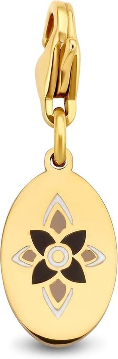 CO88 Collection Stalen Hanger - 15mm - Bedel - Charm - Ovaal - Emaille - Wit grijs en zwart - Goudkleurig - 8CH-00008