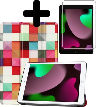 Hoes - Geschikt voor Apple iPad 9 (2021) - 10.2 inch - 9e Generatie - Met Screenprotector - Trifold Bookcase - Hard Cover - Hardcover Book Case - Tablet Hoesje - Blokken