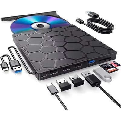 7-in-1 DVD-speler Externe CD/DVD-drive USB 3.0 Type C CD-brander HUB Externe schijf voor Desktop Mac Windows Linux zwart