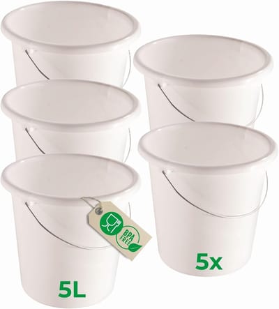 Novaliv 5 stuks emmer 5L wit met maatverdeling - schoonmaak emmer 5 liter? 22,5 cm Praktische alleskunner met schaalverdeling voor huishouden & tuin ideaal als huishoudemmer, wateremmer, dweilemmer, emmer