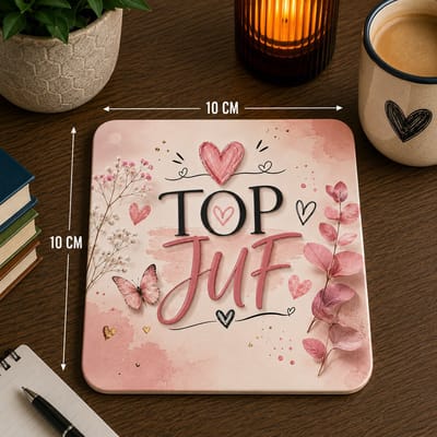 Top Juf Onderzetter 10x10 cm – Luxe Roze Design met Vlinder – Cadeau voor de Liefste Juf