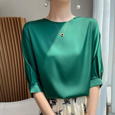 Col Rond Acide Acétique Satin Mince Drapé Sens du Design de Niche Manches 7/8 Été Décontracté Ample Manches Courtes T-Shirt de Base XXL blue