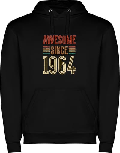 Zwarte unisex hoodie met “ Kleurrijke Awesome Since 1964 – Feest – Verjaardag “ Print Full Color Color merk Roly maat S