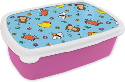 Broodtrommel Roze - Lunchbox - Brooddoos - Dieren - Bijen - Patronen - 18x12x6 cm - Kinderen - Meisje