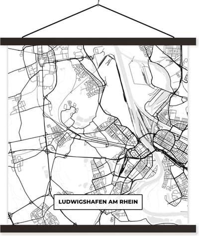 Posterhanger incl. Poster 60x60 cm - Schoolplaat - Plattegrond - Kaart - Ludwigshafen am Rhein - Stadskaart - Textielposter - Zwarte latten - Stadskaart