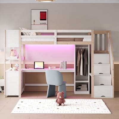 VVBV Hoogslaper 90x200 cm met Trap/Ladder, Planken - Kledingkast, Bureau, LED-Verlichting, Opbergruimte - Hout Naturel