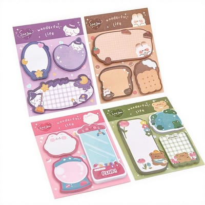 4-pack cartoon sticky notes - schattige notities voor studenten - 12 soorten, 20 stuks per stuk - 240 stuks in totaal - cartoon sticky notes met dieren voor kinderen - creatieve combinatie - set zelfgetekende notitieboeken voor kantooronderwijs