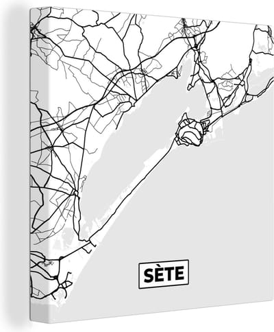 Canvas Schilderij Plattegrond – Kaart – Sète - Frankrijk – Stadskaart - Zwart wit - 20x20 cm - Wanddecoratie