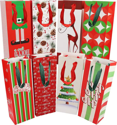 16 Pack Kerst Wijnfles Zakken - Winter Kerst Thema - Kerst Flessen Zakken - 36x8x12 cm - Lint Handvat - Champagne Flessenzak - Wijn Whisky Brandy - Rood - 16 count - Pack of .