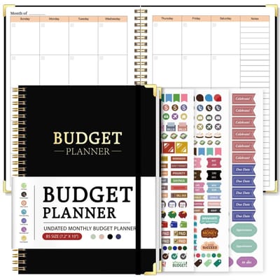 1 Stuks Ongedateerde Budget Planner Spiraalgebonden Maandelijks Budget Boek Met Spaar Tracker Schulden Tracker Uitgaven Logboek Stickers zwart