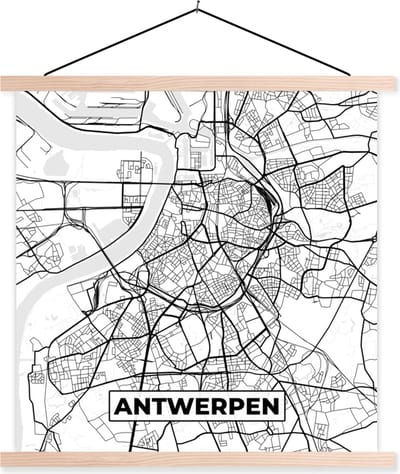 Posterhanger incl. Poster 40x40 cm - Schoolplaat - België – Antwerpen – Stadskaart – Kaart – Zwart Wit – Plattegrond - Textielposter - Blanke latten - Stadskaart
