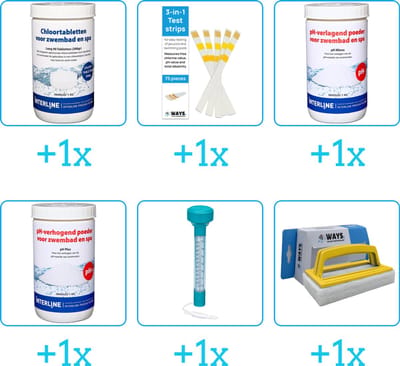 Zwembad Onderhoudspakket - Onderhoud Zwembad - bevat Chloor - Testrips - PH-min - PH-plus - Thermometer en Scrubborstel (6-delig)
