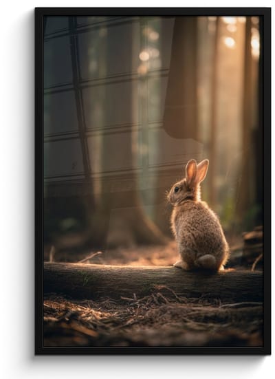Poster in lijst - Fotolijst 60x90 cm - Posters - Konijn - Bos - Zonnestralen - Posterlijst zwart - Decoratie - Wanddecoratie woonkamer - Muurdecoratie slaapkamer