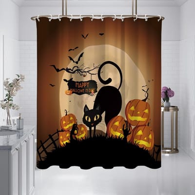 1 stuk 180x180cm oranje zwarte kat pompoen Halloween douchegordijn scheidingswand badkamer waterdicht en schimmelwerend 180x180cm black