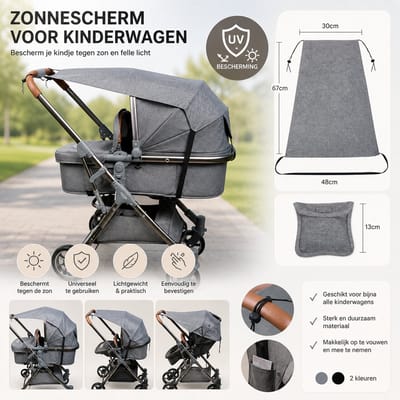Zonnekap voor Kinderwagen – Universeel Zonnescherm Babywagen – UV Bescherming – Paraplu voor Kinderwagen – 30x67 cm – Grijs