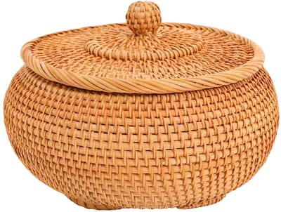 Rotan opbergdoos – Voor keukenorganisatie en opslag – Handgeweven opbergmand met deksel en ronde bovenhandgreep – Natuurlijke rotan kleur (beige/bruin tinten)