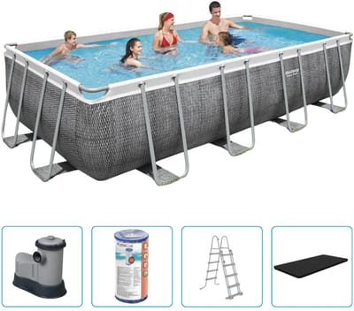 Bestway Power Steel Zwembad - 549x274x122 cm - Rattanprint - Rechthoekig - Met filterpomp + accessoires - Zwembad - Filterpomp - Zwembadtrap - Afdekzeil - Zwembad Opzet
