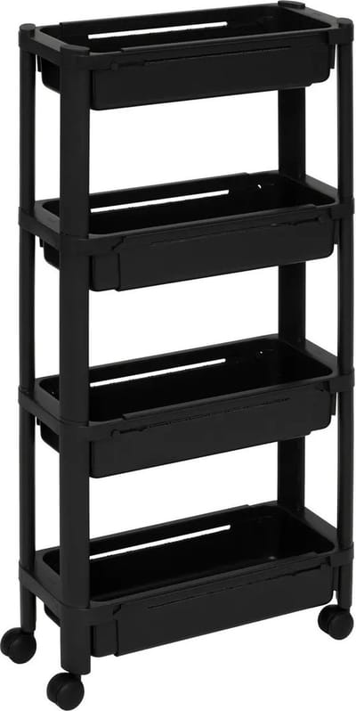 5Five Keuken/badkamer trolley 4 laags - L37 x B15 x H79 cm - zwart - PP kunststof - met wielen - opberg mandjes/bakjes