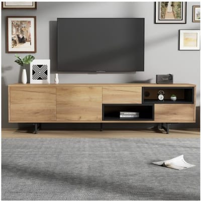 Meuble TV bas - MUVOE - 173 x 38 x 48 cm - Pour TV jusqu'à 70  - 2 portes & compartiments ouverts - Aspect bois