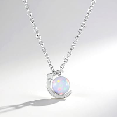 Cavill - Zilveren halsketting 925 Sterling zilver platina geplateerd - Welo opaal 0 451 ct - Maan en ster hanger - Elegante damesketting 45 72 cm