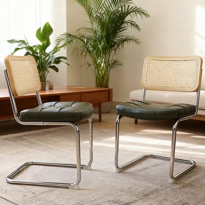 Eetkamerstoelen Set Van 2 - Eetkamerstoel - Eetkamerstoelen - Moderne middeleeuwse stij - Rieten rugleuning - Gewatteerde zitting - Metalen stoelpoten - PU - Geschikt voor de woonkamer en de keuken - Groen