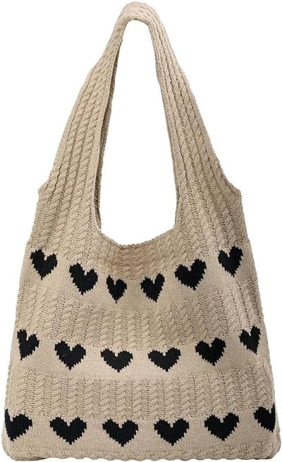 Handgehaakte Schoudertas met Schattig Hartpatroon - Ideaal voor Werk, Reizen en Winkelen - Ruime Haak Tote Bag in Khaki