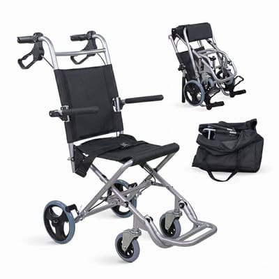 Mobiclinic Neptuno - Travel Rolstoel - Inklapbaar - Gewicht 7,3 kg - Transit rolstoel - Lichtgewicht - Aluminium - Rolstoel - Zittingbreedte 30 cm - Veiligheidsgordel - Vouwbare voetsteunen en armsteunen - Zwart
